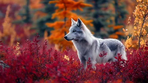 Silver wolf in saturated autumn undergrowth, lateral profile