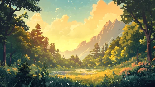 Mountain valley landscape with golden hour light and wildflowers