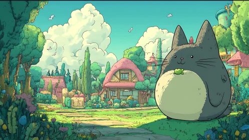 Giant forest cat spirit overlooks pastel cottage village.