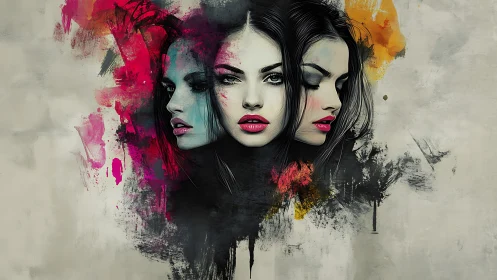Triple female portrait merges with expressive ink splashes