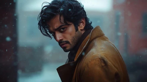 Brooding man in snow casts an intense, watchful gaze.