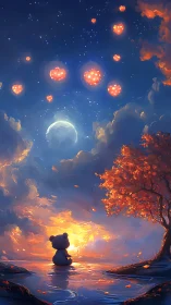 Dreamy bear under heart lanterns in a glowing twilight sky.
