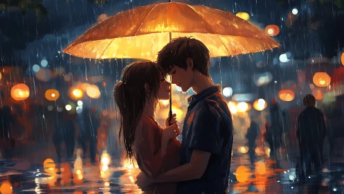 Two figures share a glowing umbrella in rainy urban night scene.