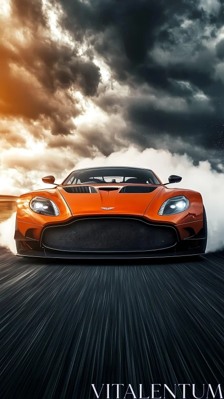 Front-view orange supercar under storm-lit sky in motion.