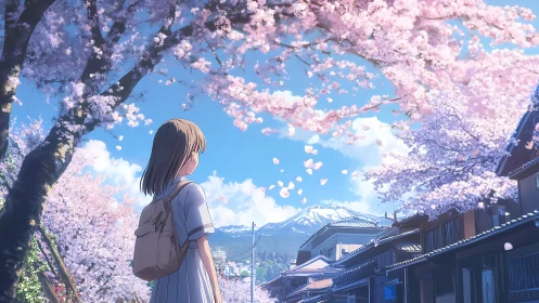 Girl walks under cherry blossoms toward distant snowy peak