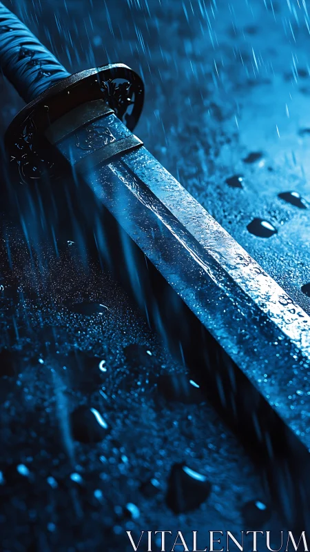 Hydrophobic katana blade under directional blue rain lighting.