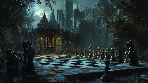 Chessboard stands before overgrown gothic castle at night