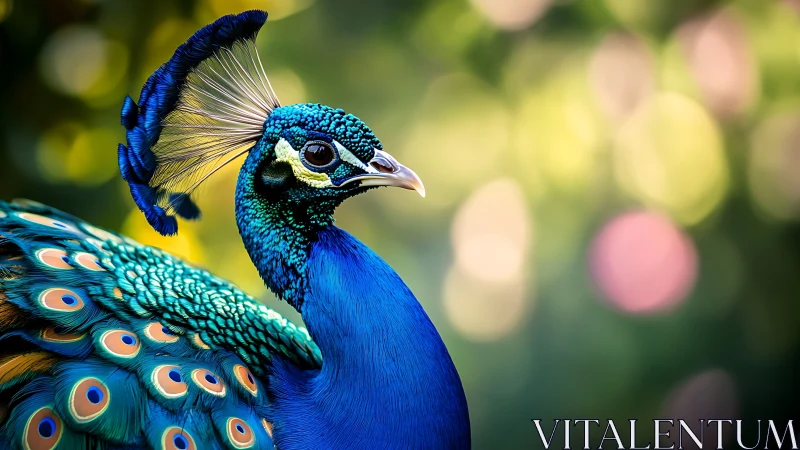 Elegant peacock portrait with vibrant feathers and soft bokeh background.