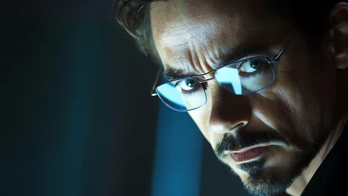 Intense gaze in cool blue light with reflective glasses focus.