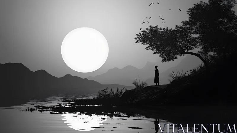 Solitary figure watches oversized moon above misty lake