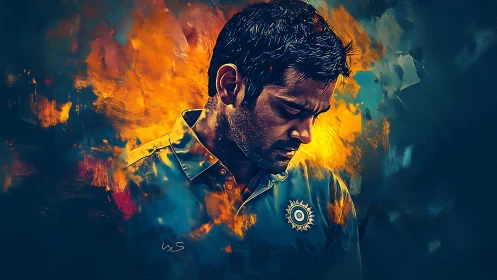 Pensive cricketer stands in dramatic blue and amber light