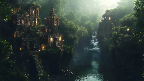 Ancient jungle temples glowing beside misty waterfall gorge.