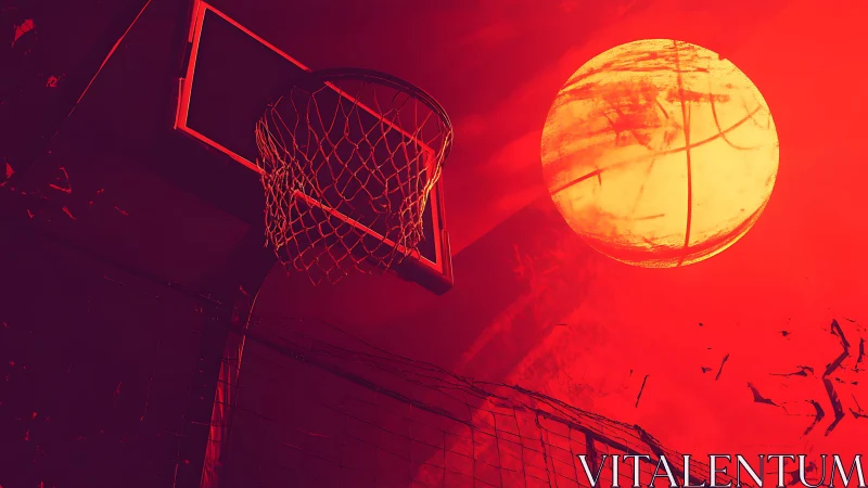Urban hoop silhouette under blazing neon sun sphere.