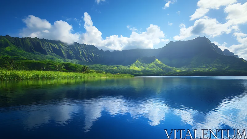 Verdant mountain ridge mirrored in luminous blue lake.