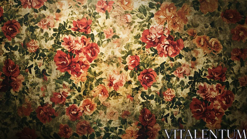 Vintage floral wallpaper shows worn red roses and leaves