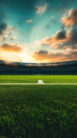 Low-angle sunset view over professional football pitch lines