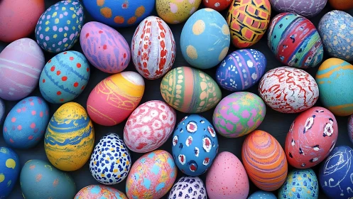 Eccentric rainbow egg parade marching across dark velvet.