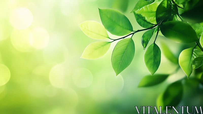 Sunlit green leaves with dreamy bokeh background glow.