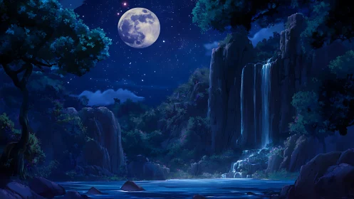 Moonlit waterfall and forested cliffs under starry sky.