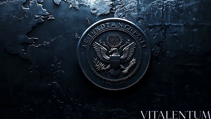 Shadowy metal eagle emblem rests against a textured world wall