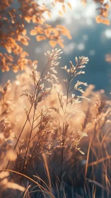 Backlit wild grasses in warm bokeh dusk atmosphere.