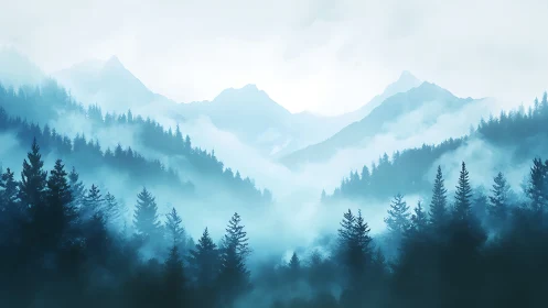 Misty Mountain Valley Landscape with Layered Peaks and Pine Forests