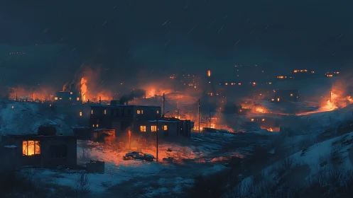Frozen City Ablaze: Winter's Inferno Paints Arctic Ruin.
