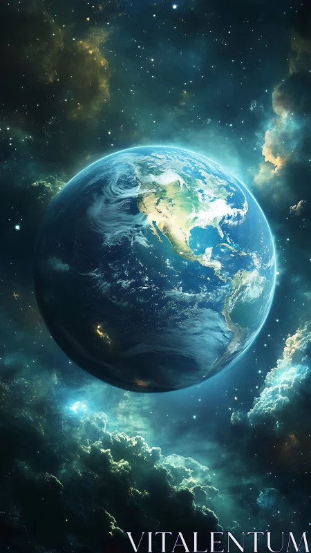 Planet Earth illuminated in deep cosmic nebula glow.