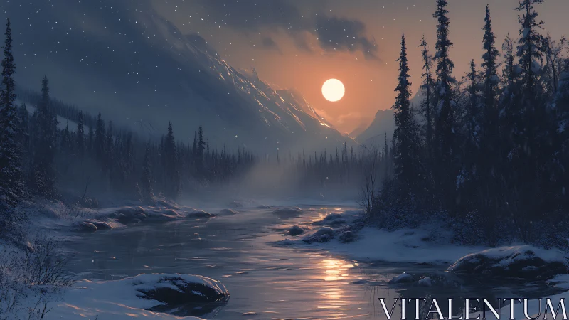 Lunar-illuminated alpine river under dense conifer silhouettes.