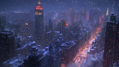 Snowy neon city skyline under deep blue winter night