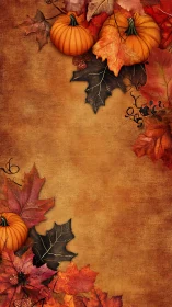 Autumn pumpkins and foliage border on textured rust canvas