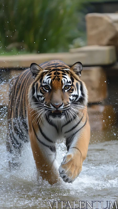 Wildwater tiger strides forward with bold, bright focus.