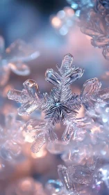 Crystal snowflake glows softly in dreamy winter light