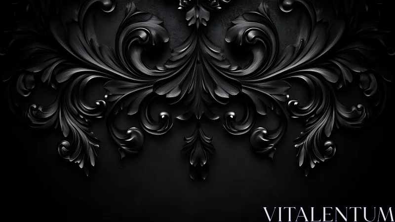 Dark ornamental scrollwork in symmetrical baroque relief.