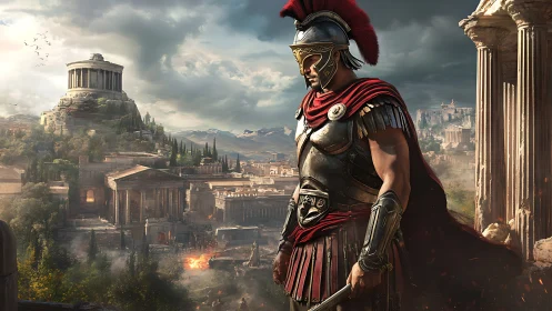 Roman warrior overlooking burning classical cityscape at dusk.