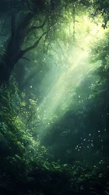 Sunlight penetrating dense forest canopy with atmospheric rays.
