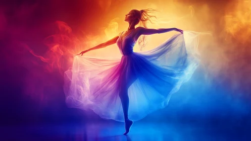 Graceful ballerina glows in swirling sunset and sapphire light