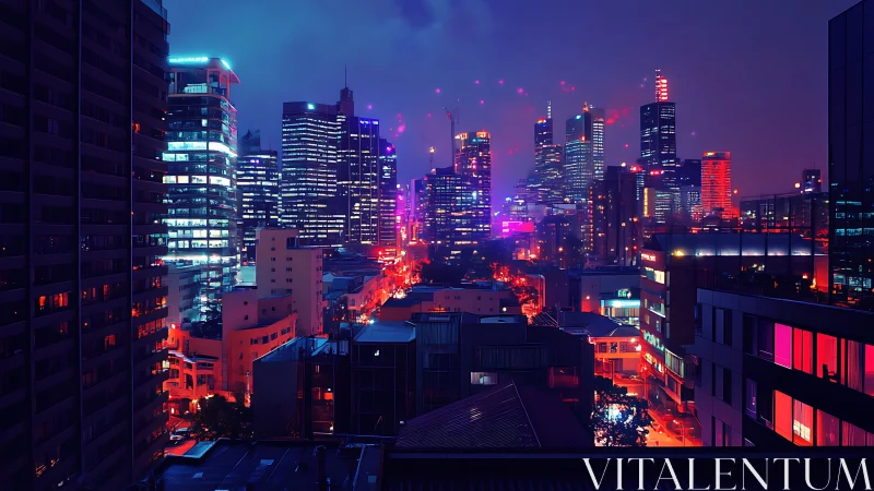 Neon city glow under a dreamy, electric midnight sky.