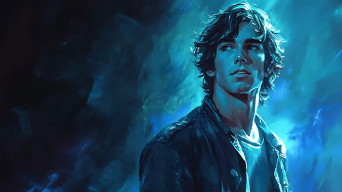 Young man gazes into glowing blue light with quiet resolve
