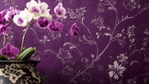 Orchid focal blur against embossed plum floral wallpaper field.
