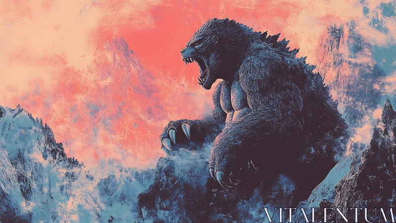 Giant creature in frozen mountain landscape, stylized rendering.