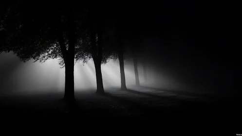 Tree silhouettes with directional light in dense night fog.