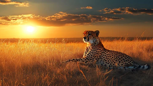 Cheetah lies in dry grassland under low evening sun