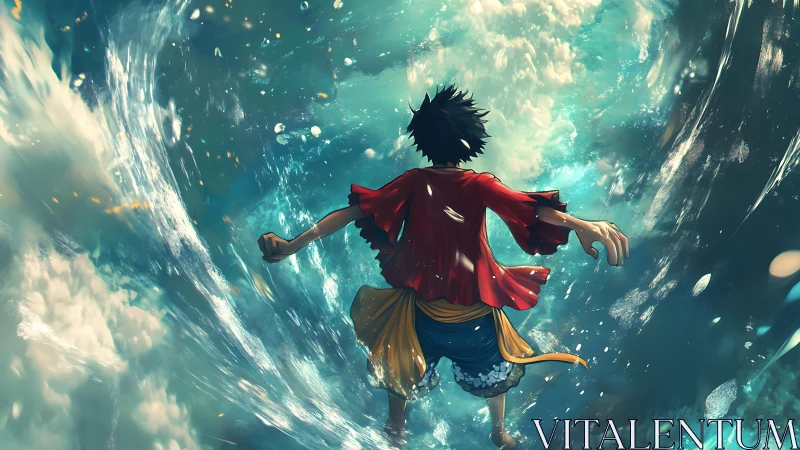 Anime hero strides through swirling ocean passageway.