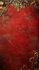 Baroque gold ornaments frame distressed red background.