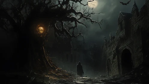Cloaked figure beneath twisted tree near ruined fortress.