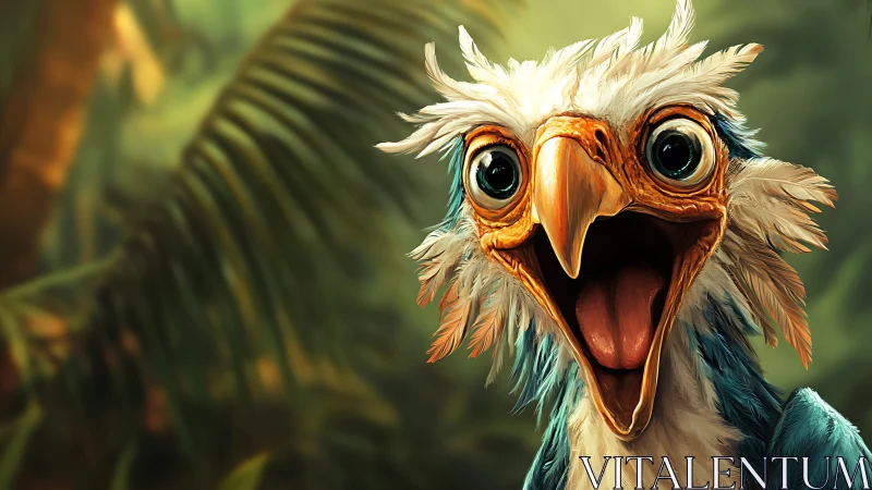 Excited Cartoon Bird with Big Eyes in Lush Jungle Setting.
