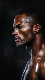 High-contrast side profile of perspiring athletic male in studio