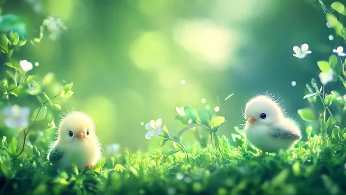 Fluffy baby birds sharing a sunlit spring meadow moment.