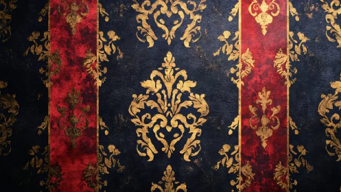 Ornamental gold damask pattern on red and dark background.